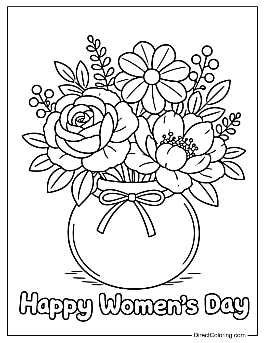 A coloring page of a round vase in the center with large, clear flowers and minimal details, creating a wide coloring area and an elegant feel suitable for Women's Day.