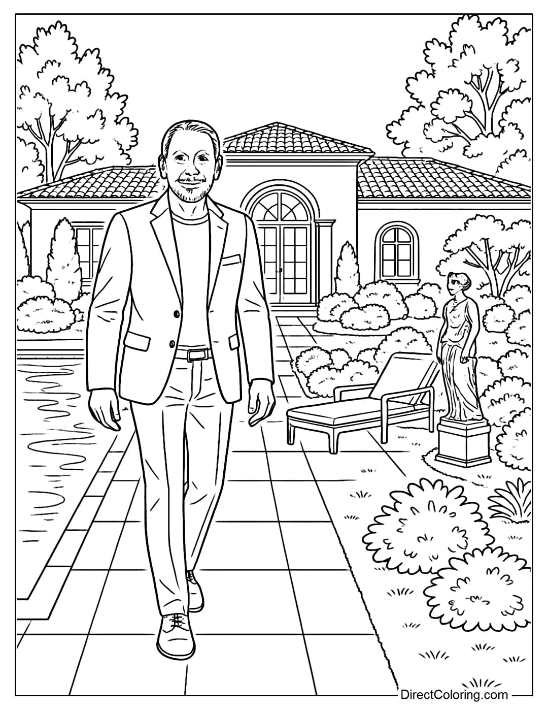 Larry Ellison at Luxury Mansion Coloring Page Larry Ellison coloring page walking in the yard, next to the lounge chairs and decorative statues at his large mansion.