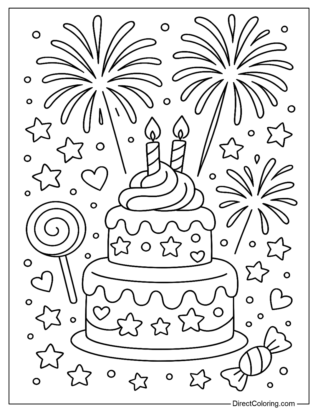 a coloring page of a festival cake with fireworks exploding behind, adding candies, candles, stars and cute hearts