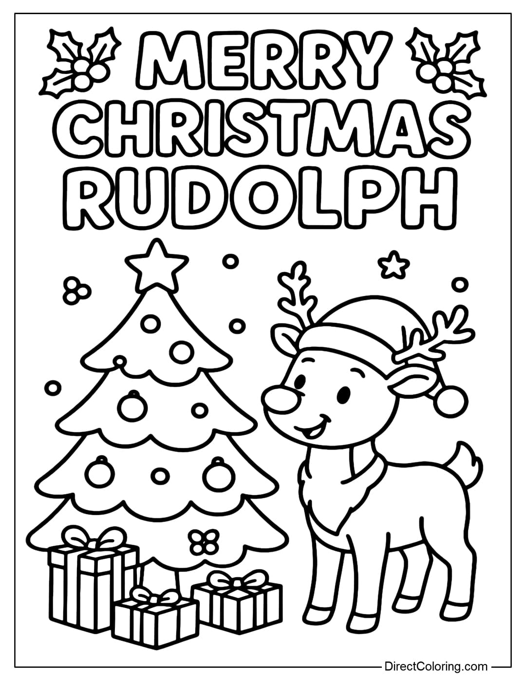 A coloring page of Rudolph wearing a Santa hat standing next to a Christmas tree with small gifts under it. Above it says Merry Christmas Rudolph.