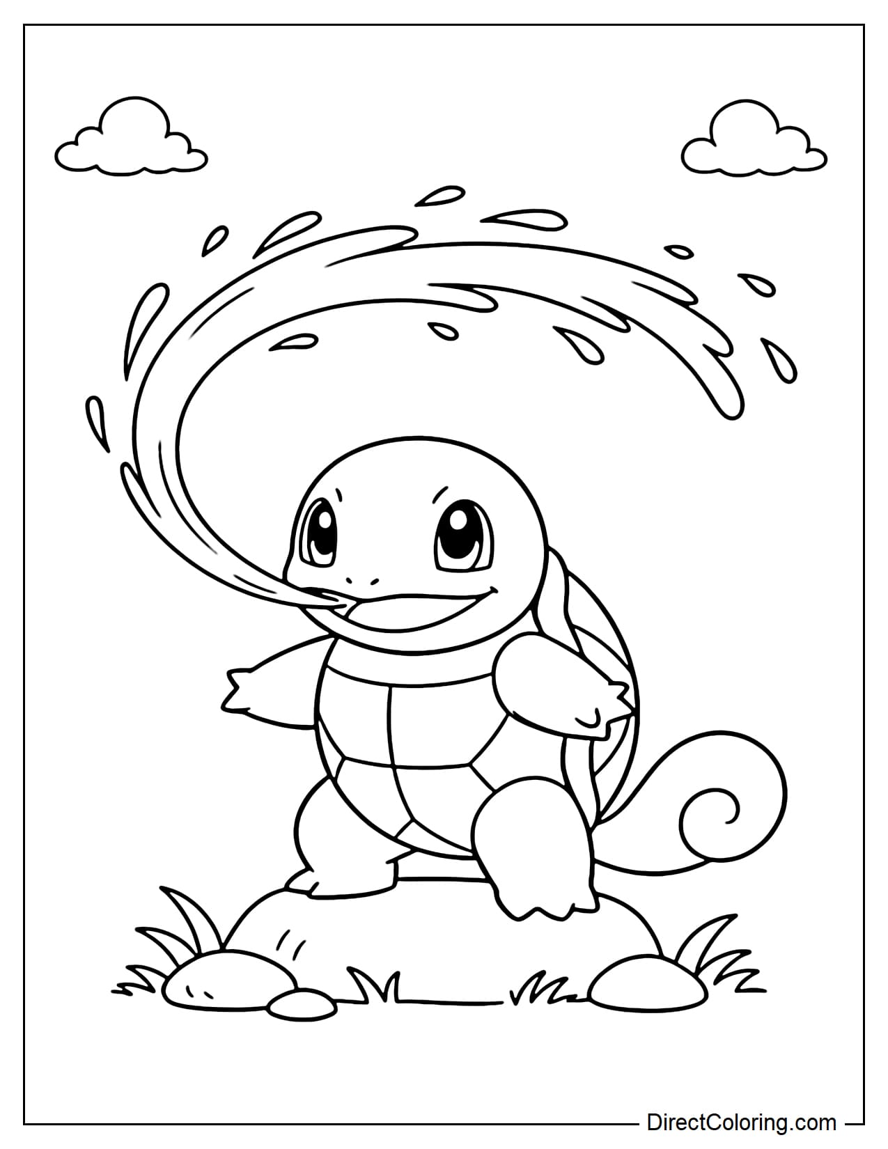 Squirtle stands firmly on two legs and sprays a curved stream of water forward, arms slightly outstretched, below it are drops of water and a round stone.
