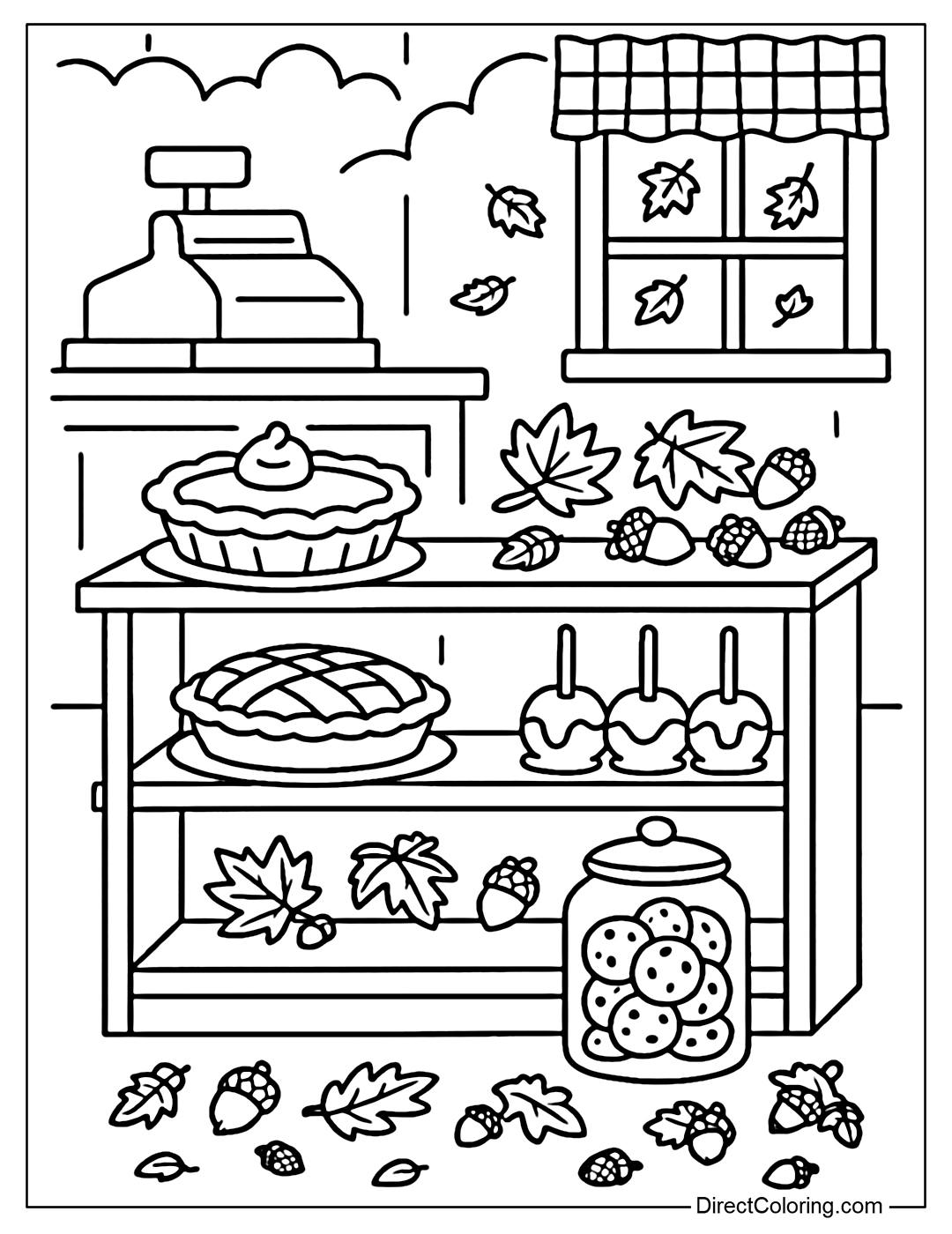 Coloring page of a bakery shelf: pumpkin pie, apple pie, caramel apple, maple leaf decoration.