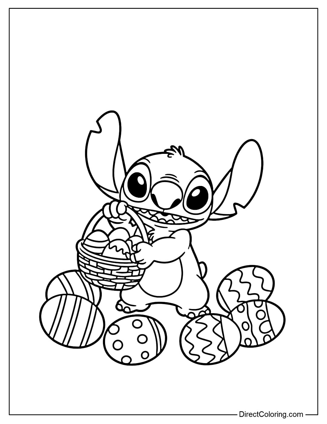 Cute Stitch is holding an Easter egg basket, surrounded by several large eggs.