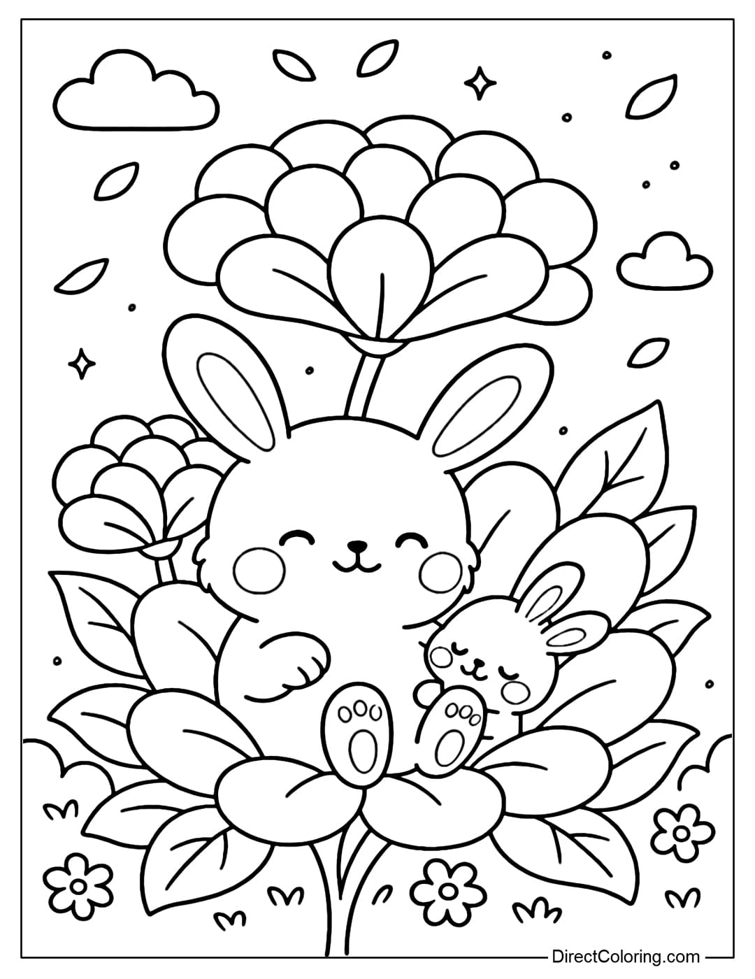 Coloring page of a baby rabbit nestled among giant flowers.