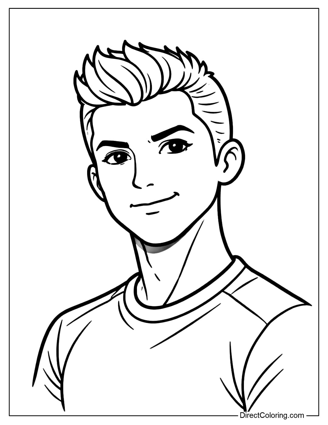Coloring page of a half-body portrait of Cristiano Ronaldo, with a confident expression.