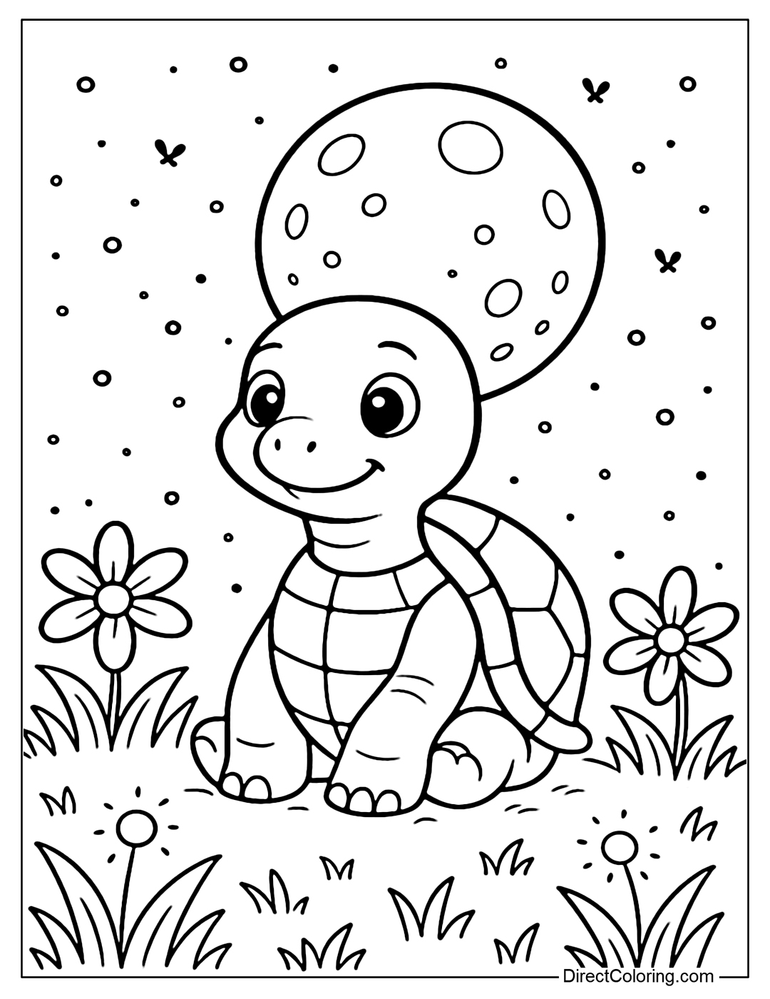 Coloring page of a turtle sitting in the middle of a night meadow, with sparkling lights from fireflies flying around, with some bright blooming flowers and a full moon behind.