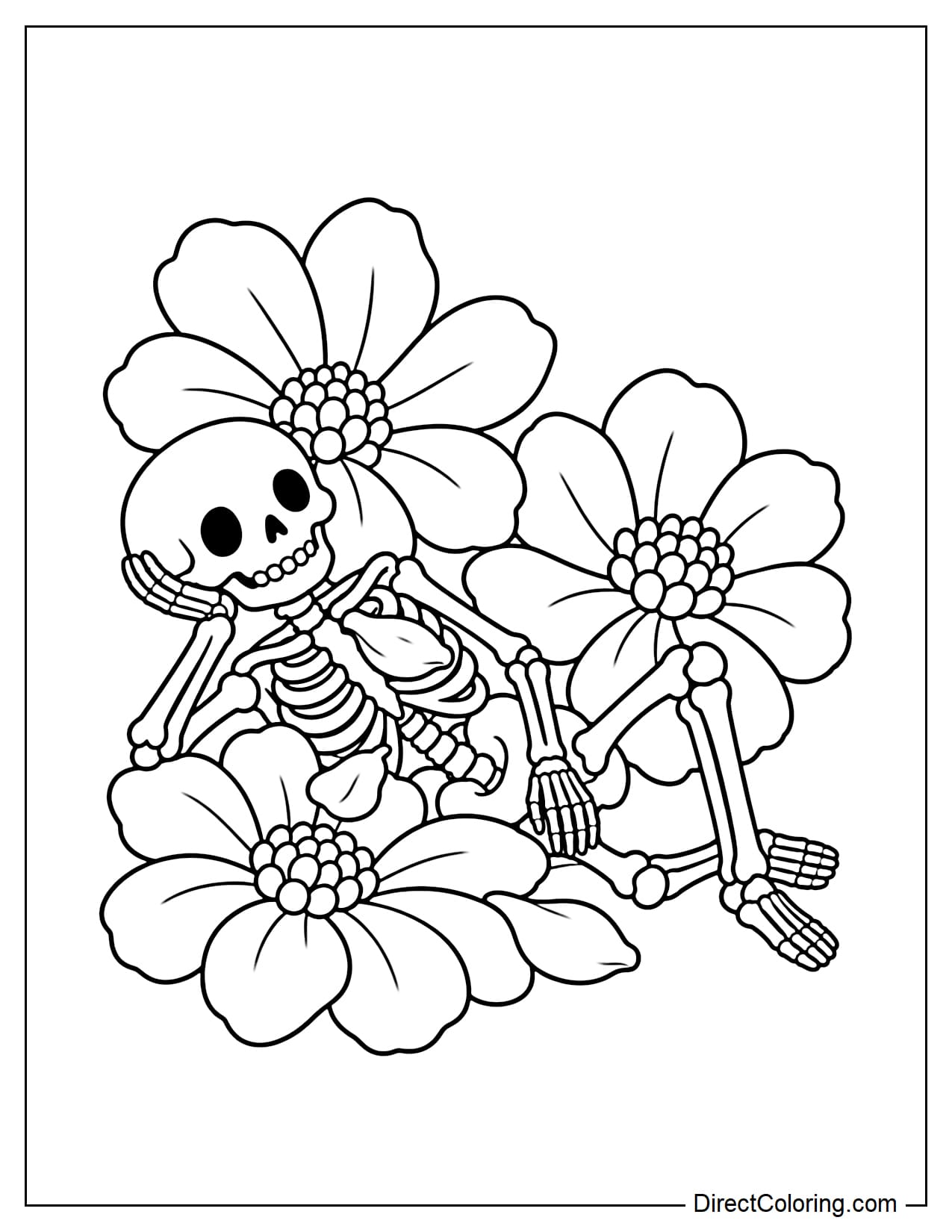 A skeleton is relaxing on its side among three large flowers, with one hand supporting its skull and its legs gently bent in a comfortable pose.