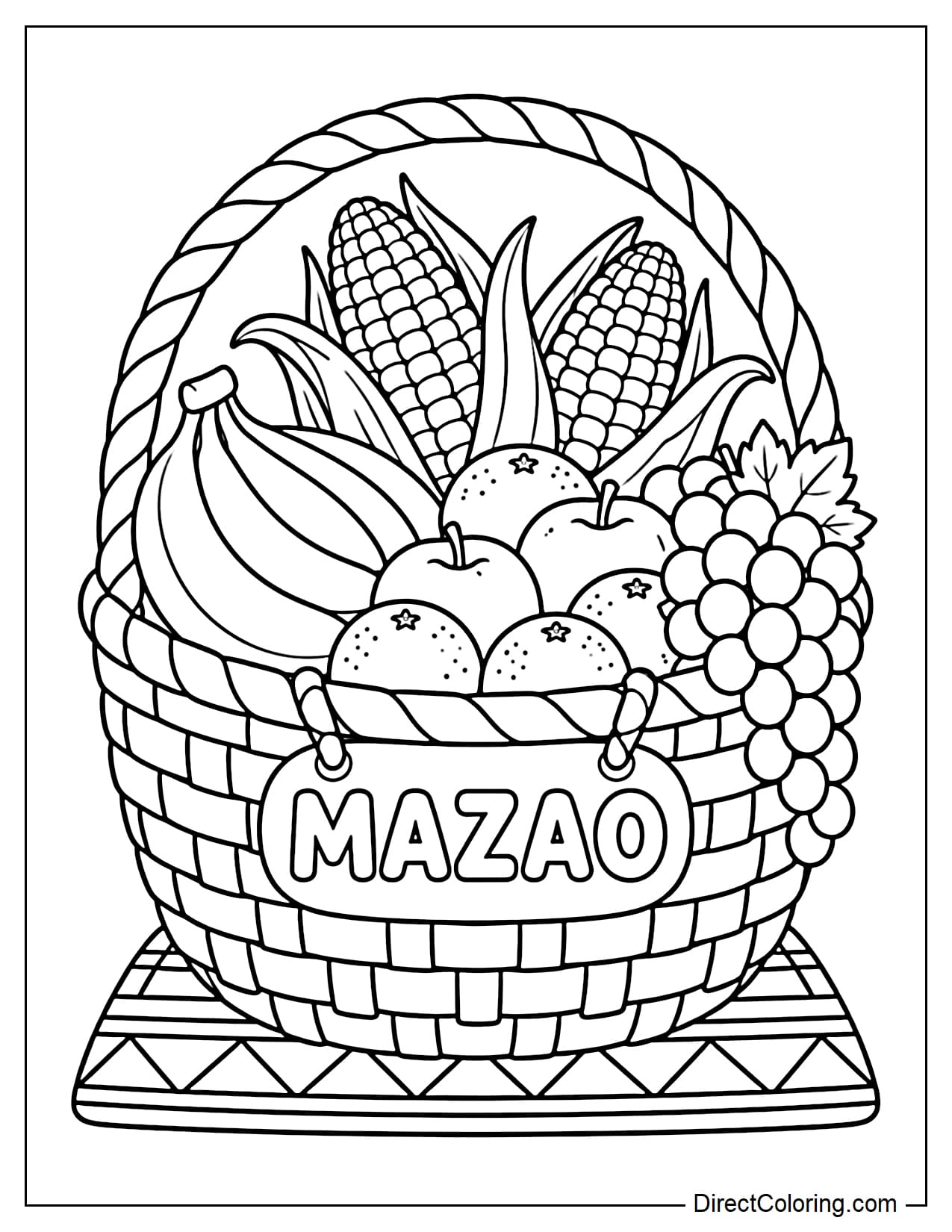 A large woven basket overflows with corn, bananas, oranges, apples, and grapes, resting on a Mkeka mat with a small tag labeled 