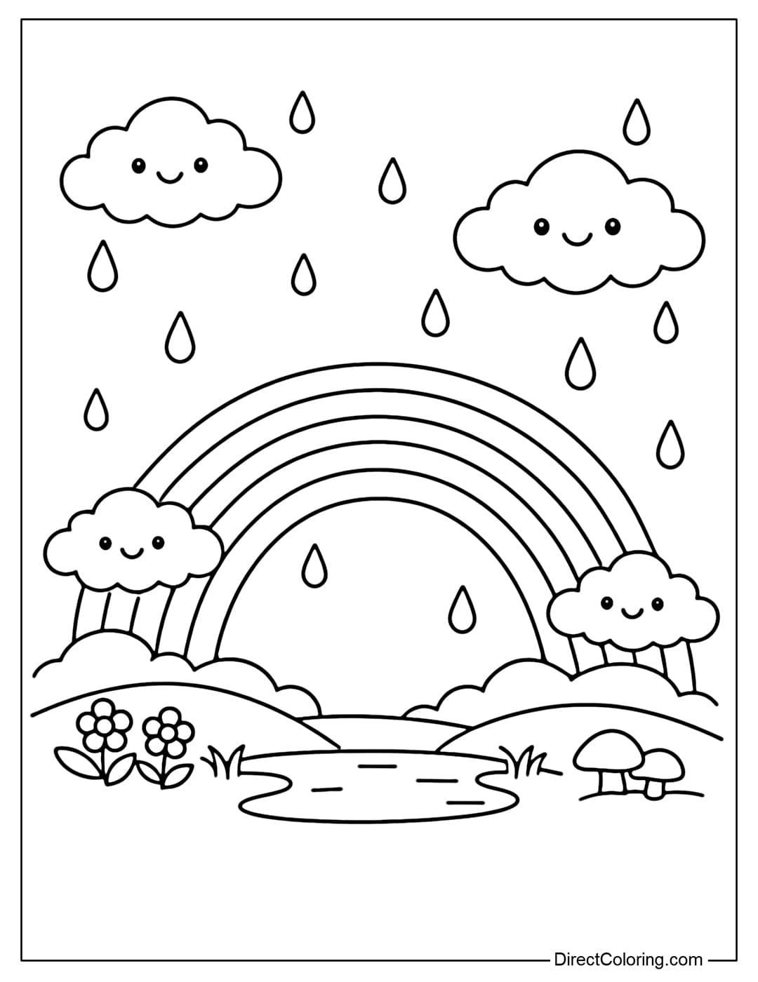 A coloring page of a rainbow appearing after a rain shower, surrounded by small raindrops and adorable round clouds.