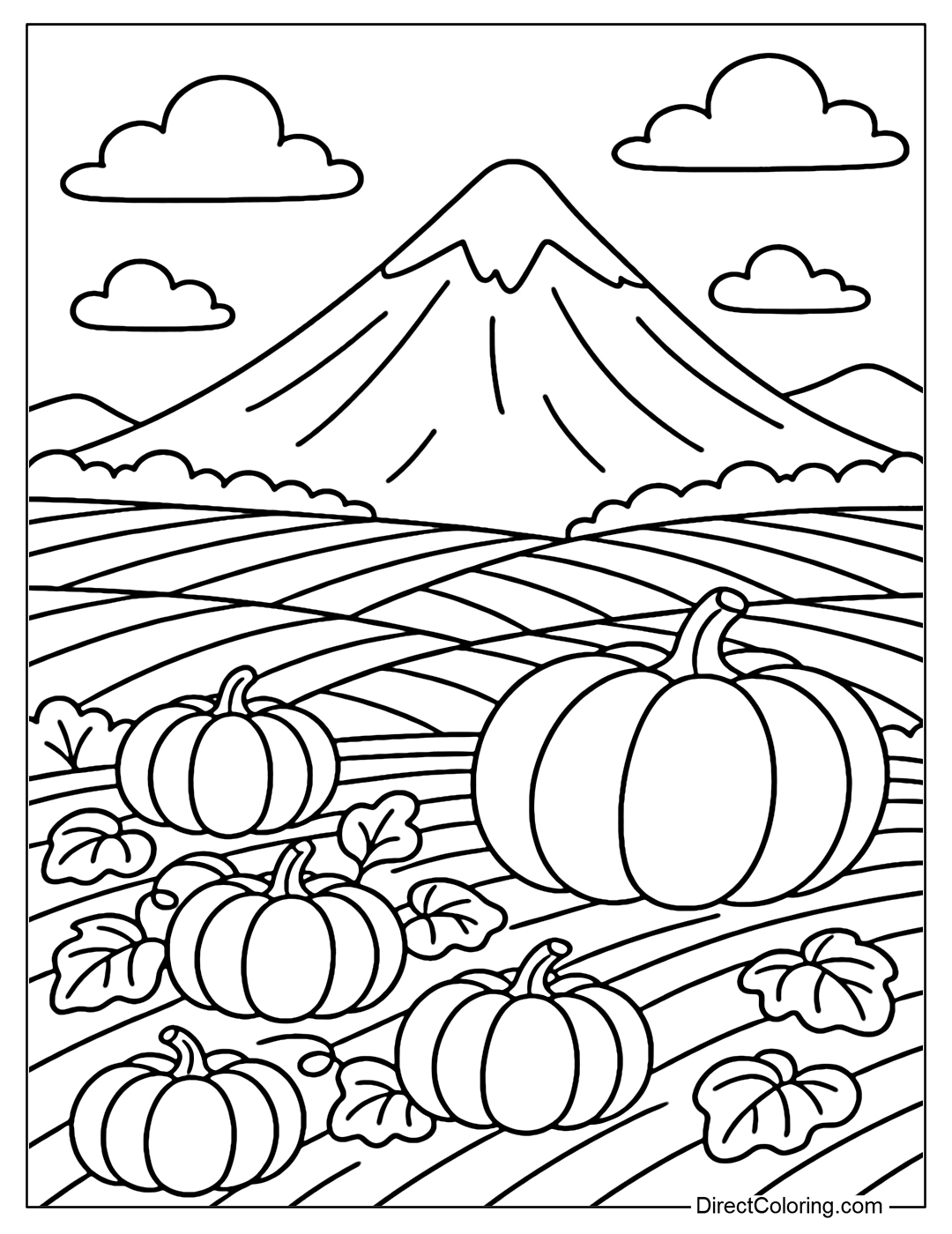 A golden pumpkin field coloring page under the snow-capped mountains, a clear blue sky, and fluffy white clouds.