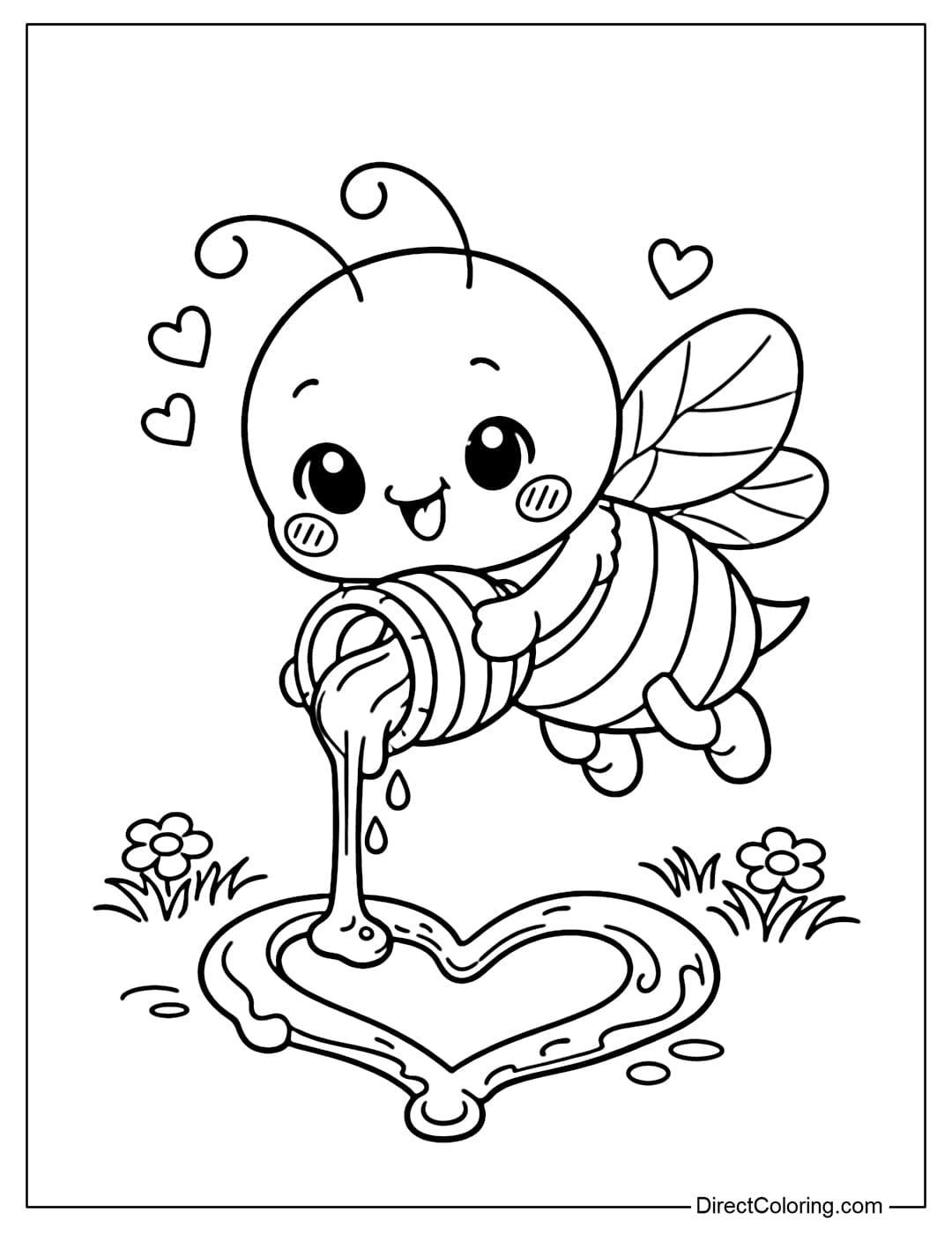 A coloring page of a bee pouring honey to form a heart shape on the ground.