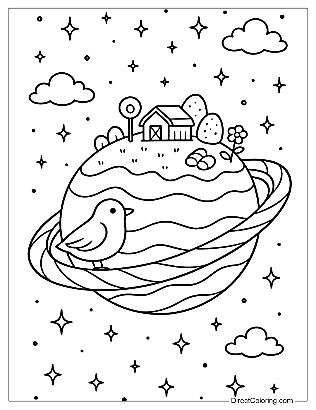 A pastel marzipan hills planet coloring page, with a candy farm on the surface. The rim is a soft candy rope wrapped around, on which candy birds are perched.