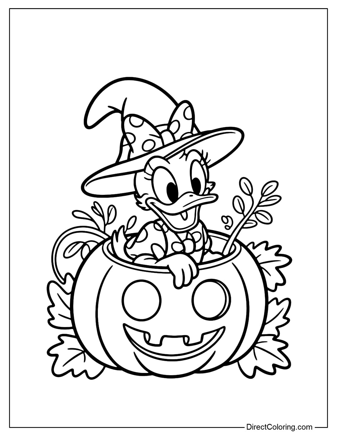 Daisy Duck coloring page sitting in a carved pumpkin, wearing a witch's hat.