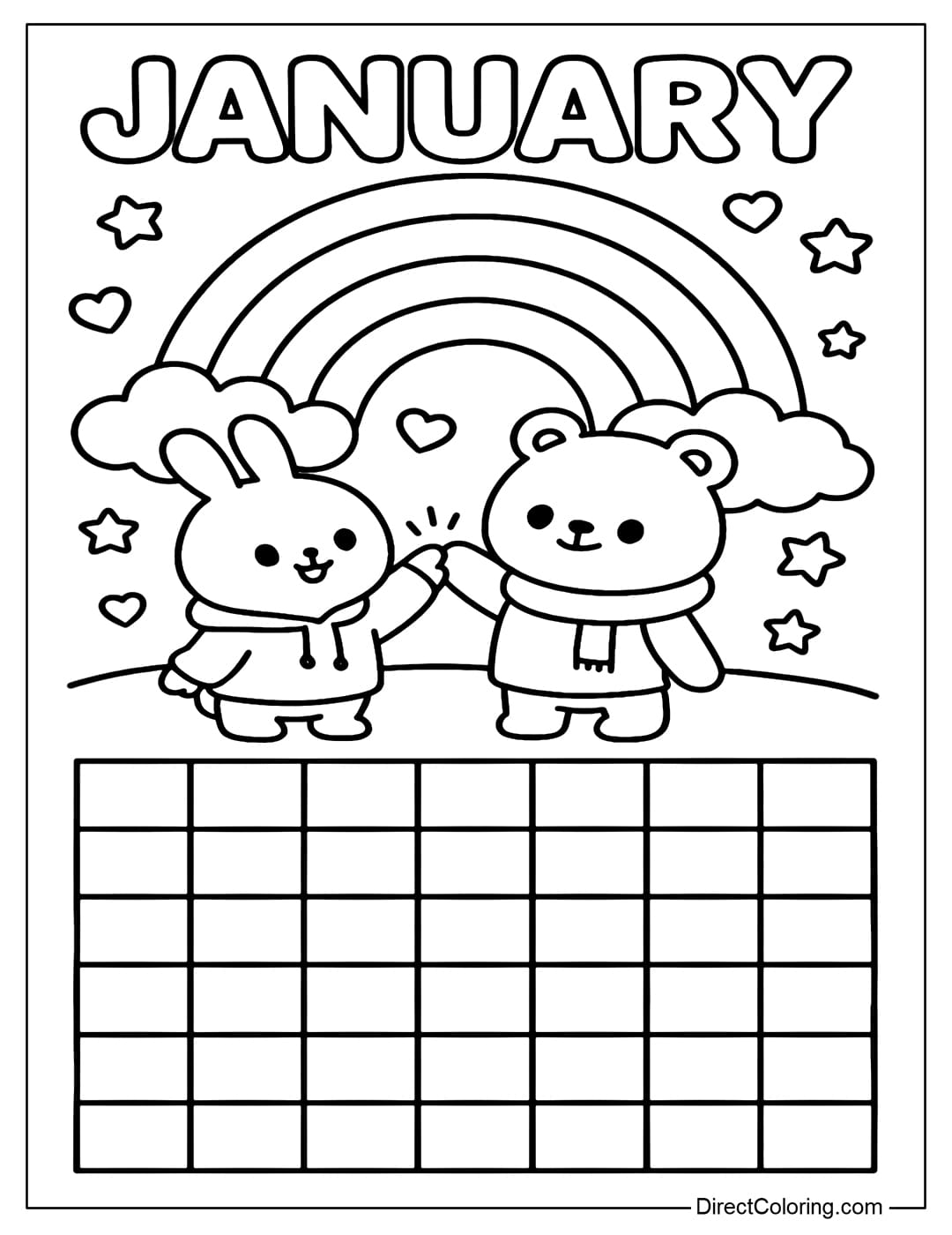 JANUARY calendar coloring page. There is a warm and cute scene: a large arched rainbow, under the rainbow there is a chibi rabbit and a chibi bear.