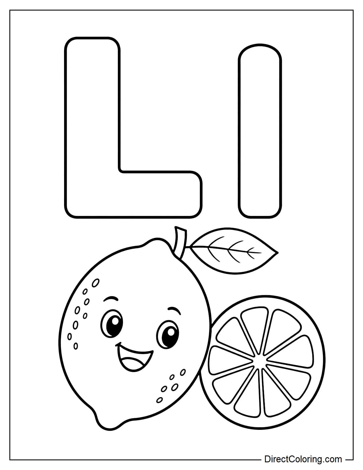 A large uppercase L and lowercase L, next to a cheerful lemon with two leaves and a slice of lemon.