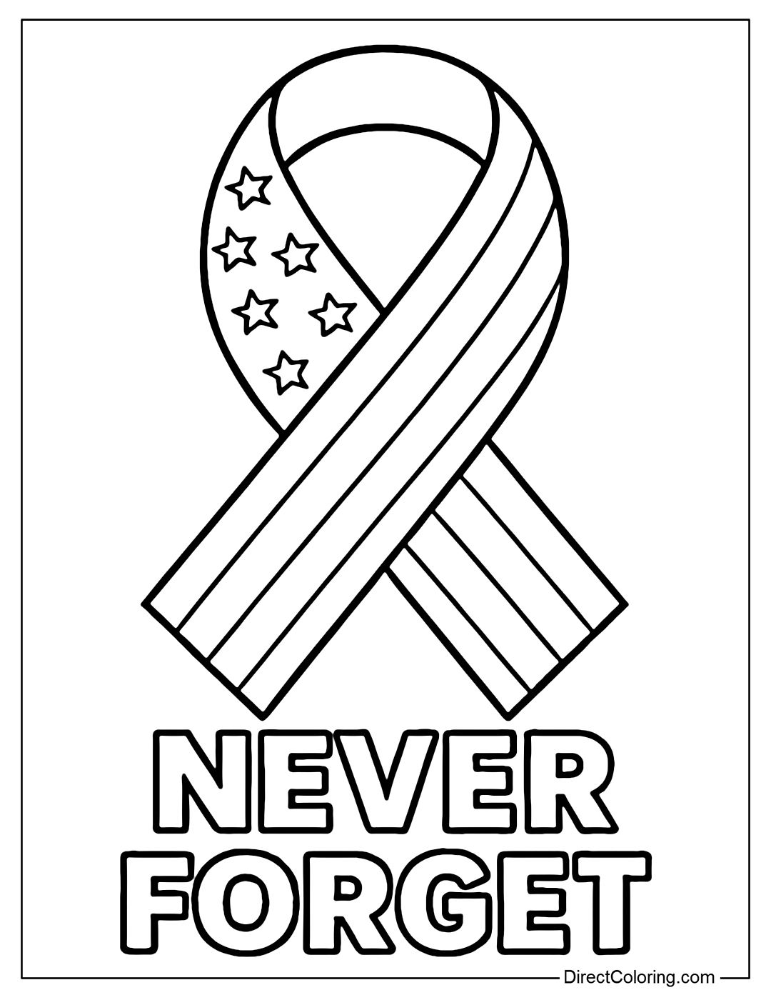 A memorial ribbon coloring page with an American flag, with the white and black words 