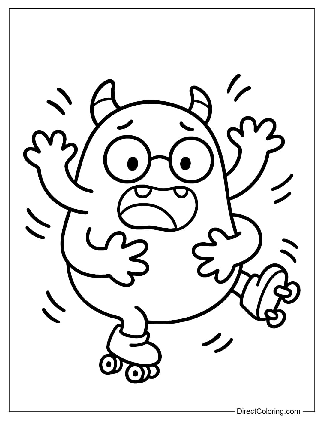 Funny monster coloring page with four arms wearing roller skates, staggering about to fall.