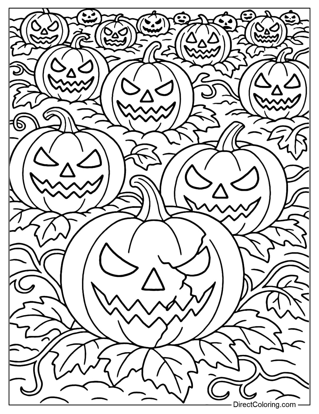 Scary Pumpkin Patch Coloring Page A creepy pumpkin patch coloring page with dozens of Jack-o'-lanterns with creepy faces.