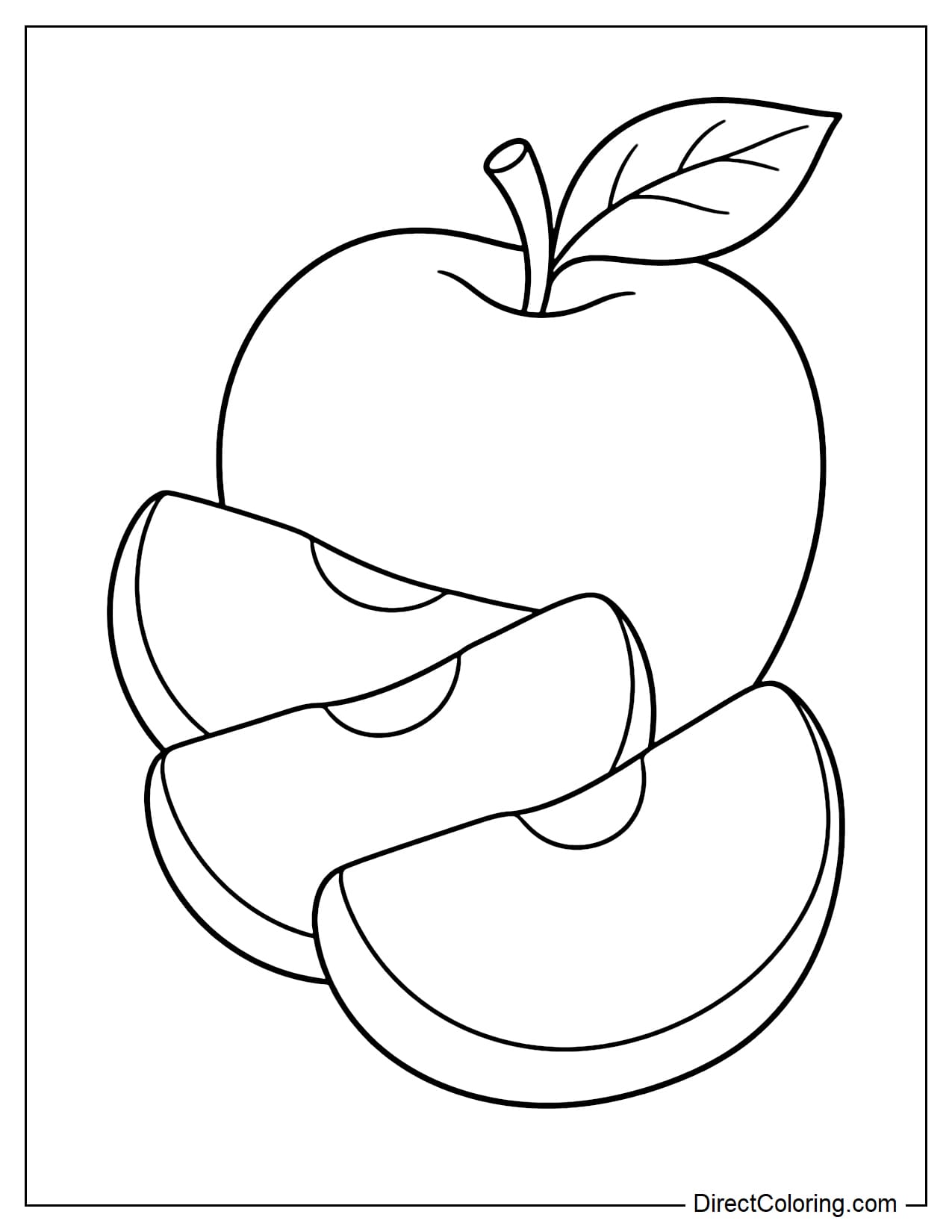 Three large apple slices arranged in a simple fan shape with a whole apple placed behind them.