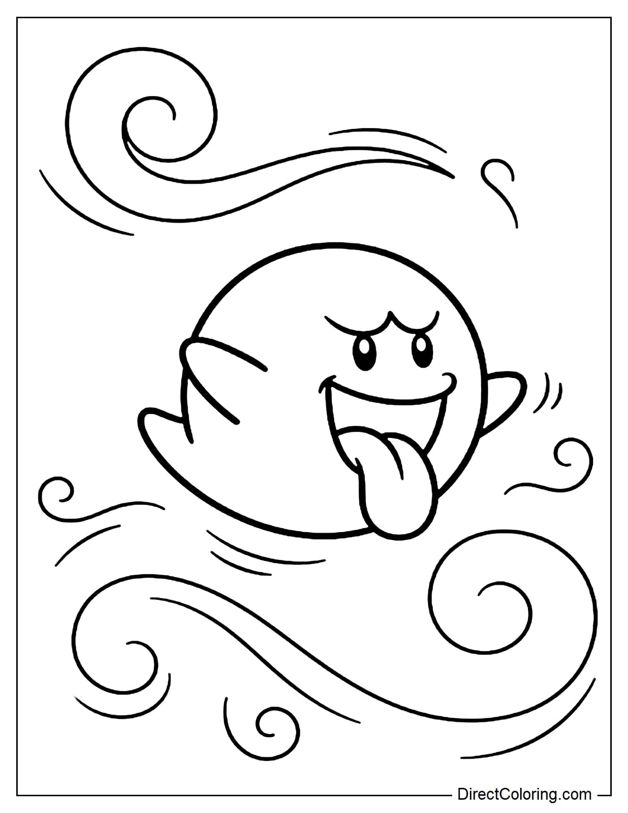 Boo floats in the air with a mischievous expression and its tongue sticking out playfully, surrounded by a few swirling lines.