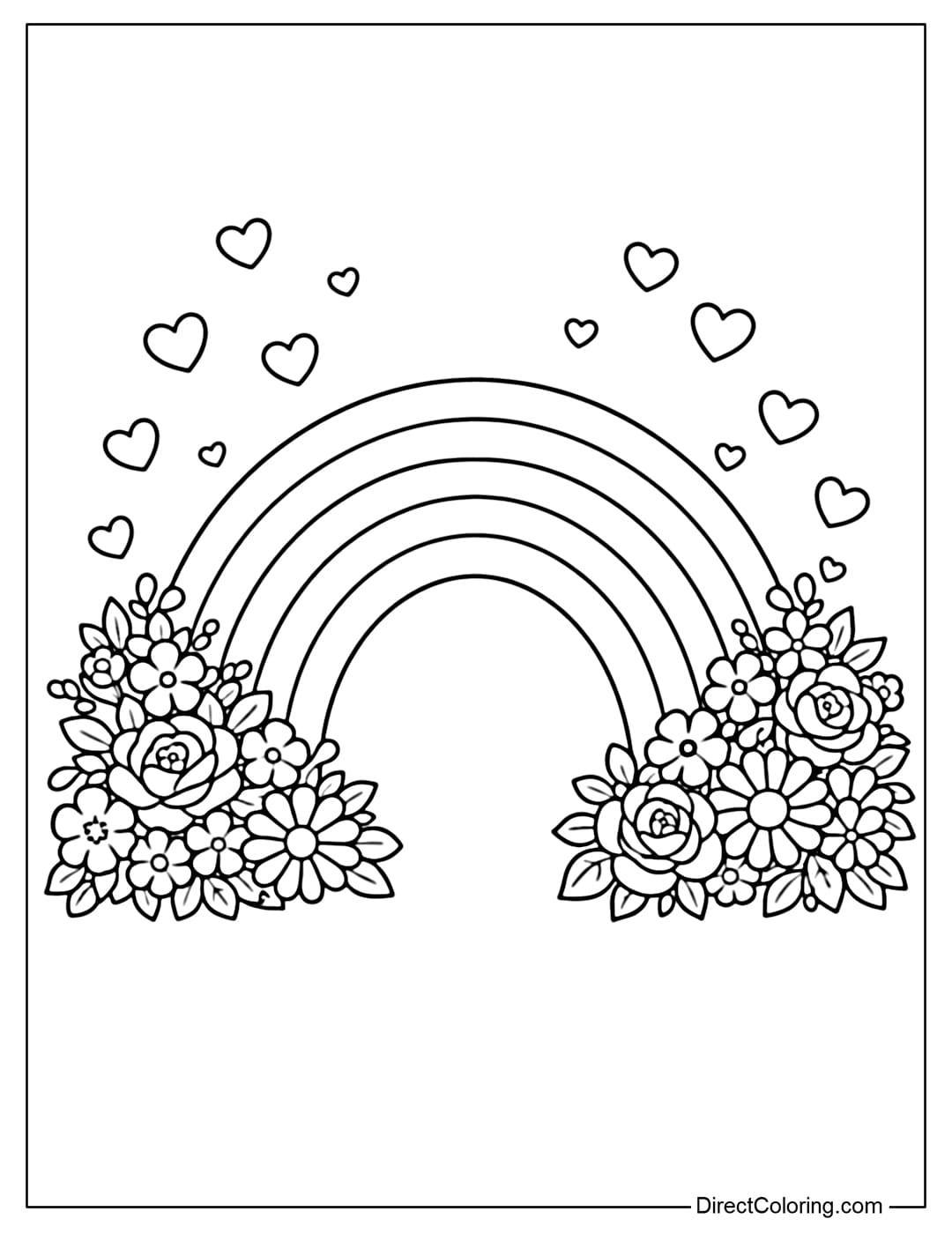 A coloring page of a large rainbow decorated with blooming flower wreaths on either side, surrounded by floating little hearts.