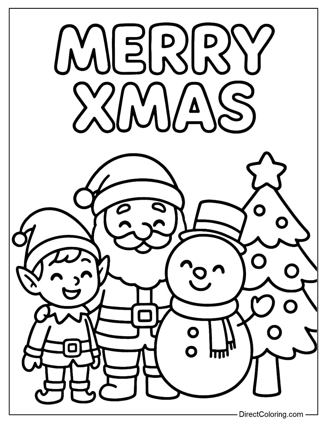 Elf coloring page standing next to Santa Claus, snowman and Christmas tree, above is the words Merry Xmas.