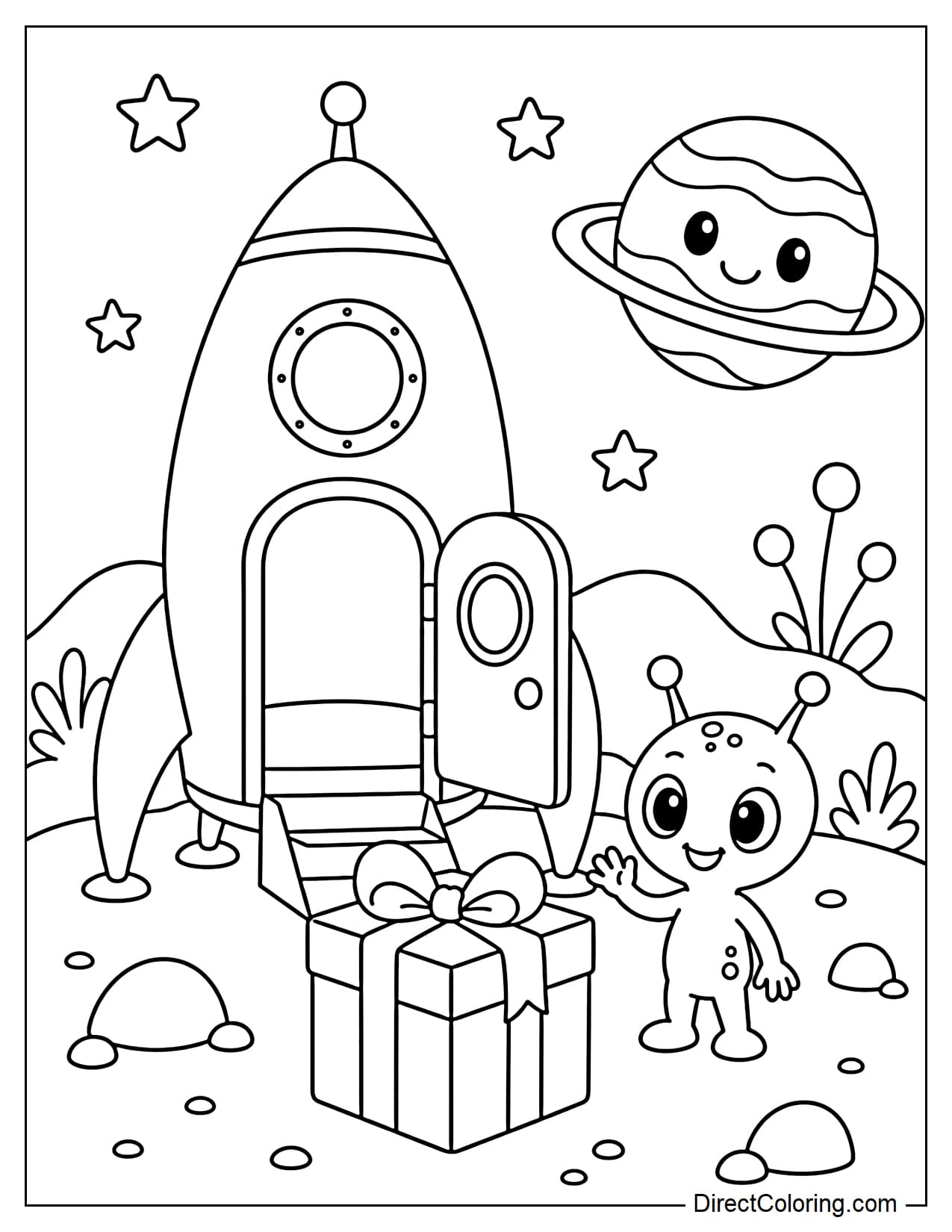 A rocket landed on a cute alien planet with its door open, a large gift box placed in front, and a small alien creature standing nearby.