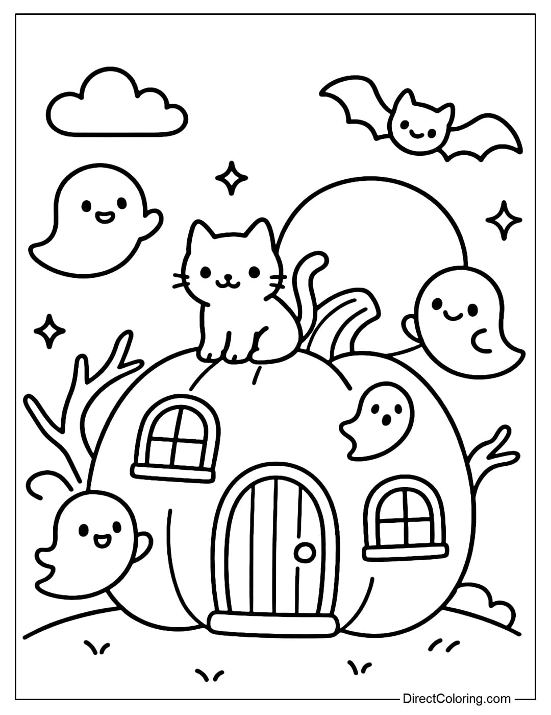 A pumpkin-shaped house coloring page, surrounded by little ghosts flying around, with cats and bats gathered on the roof.