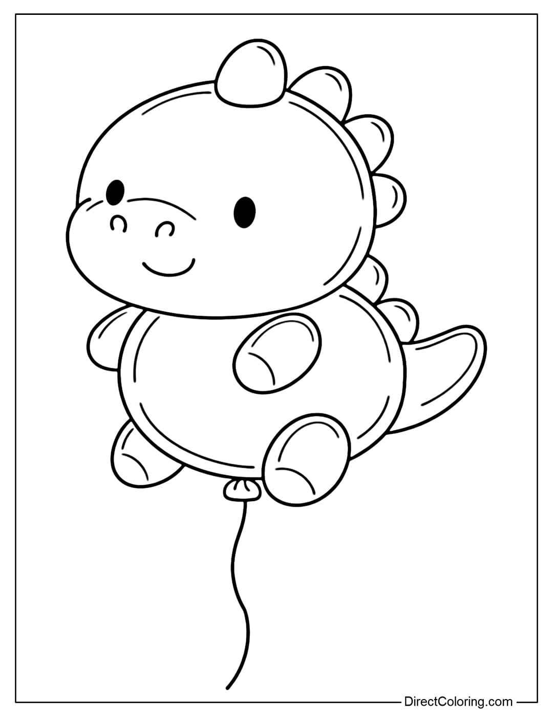 A coloring page for a balloon shaped like a cute dinosaur with a round body, short tail, and no sharp teeth.