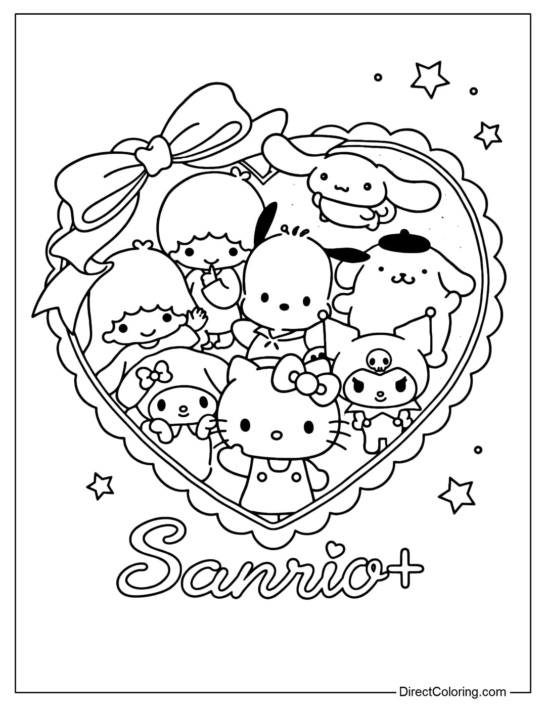 A coloring page featuring Sanrio characters in a sweet heart-shaped frame.