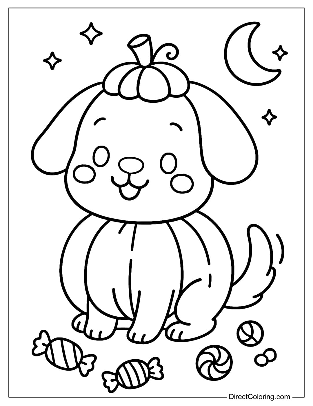 A cute puppy coloring page wearing a round pumpkin costume, with a small pumpkin cap on its head like a hat.