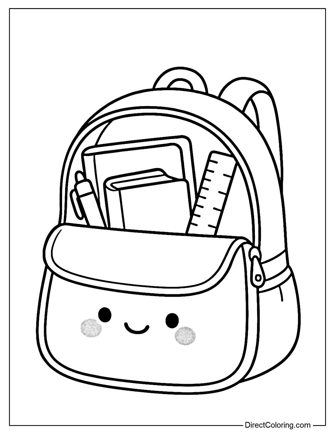 Coloring page of a backpack opened with pens, books, rulers neatly arranged; gentle style, suitable for preparing for the school year.