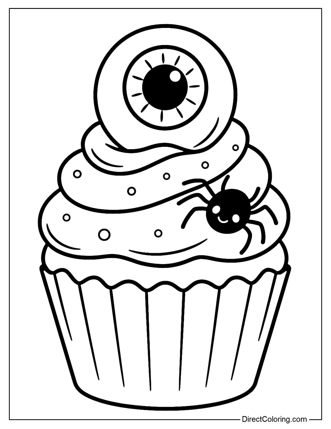 Horror Cupcake Coloring Page Halloween cupcake coloring page with eye toppings, small spiders, but still sweet and cute.