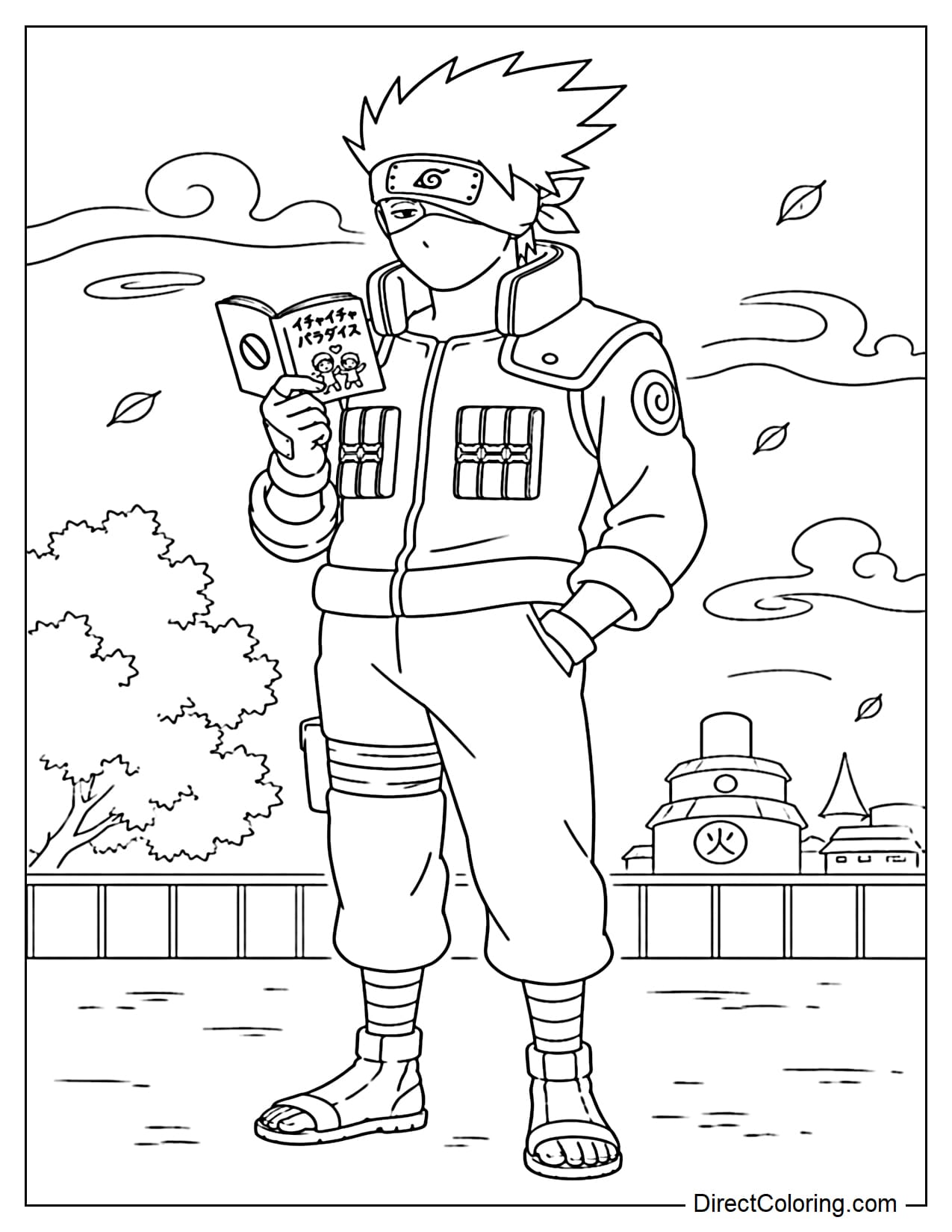 Kakashi Hatake stands holding a small book and reading, one hand in his pocket.