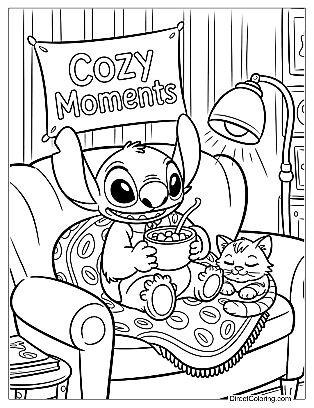 Stitch is drinking hot cocoa on an armchair, covered with a blanket, with a small cat lying next to him and a reading light.