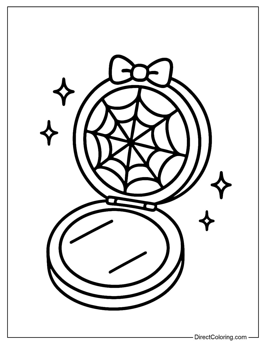 Coloring page for a spider web-shaped mirror with a small bow and a magical light.