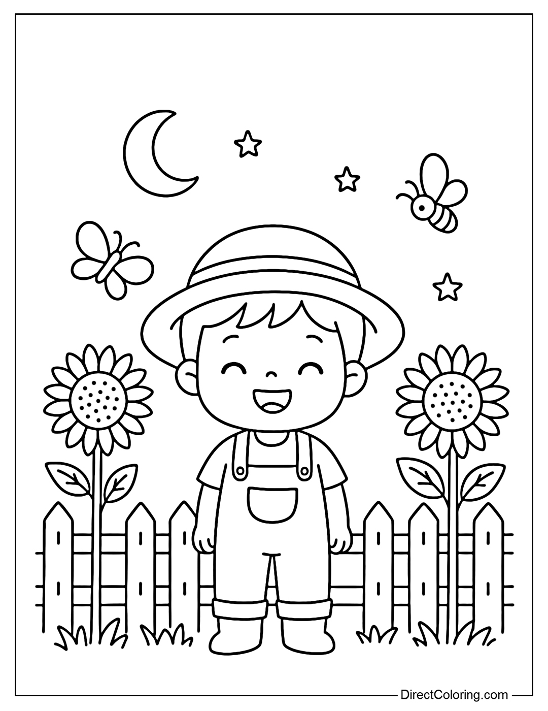A wooden fence coloring page in a garden of tall sunflowers, bustling bees and butterflies, a little boy wearing a straw hat smiling brightly.