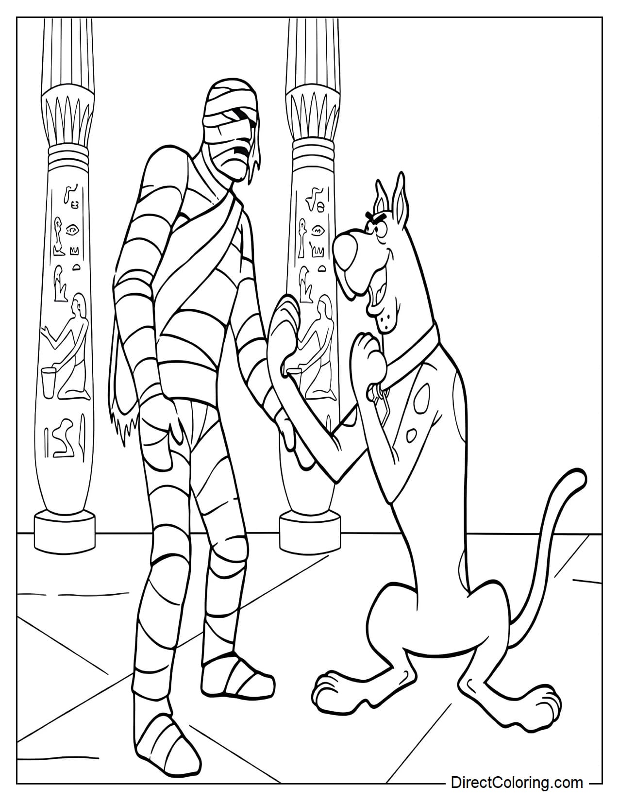 Scooby-Doo discovers a mummy inside an ancient Egyptian temple, surrounded by stone pillars decorated with old symbols.