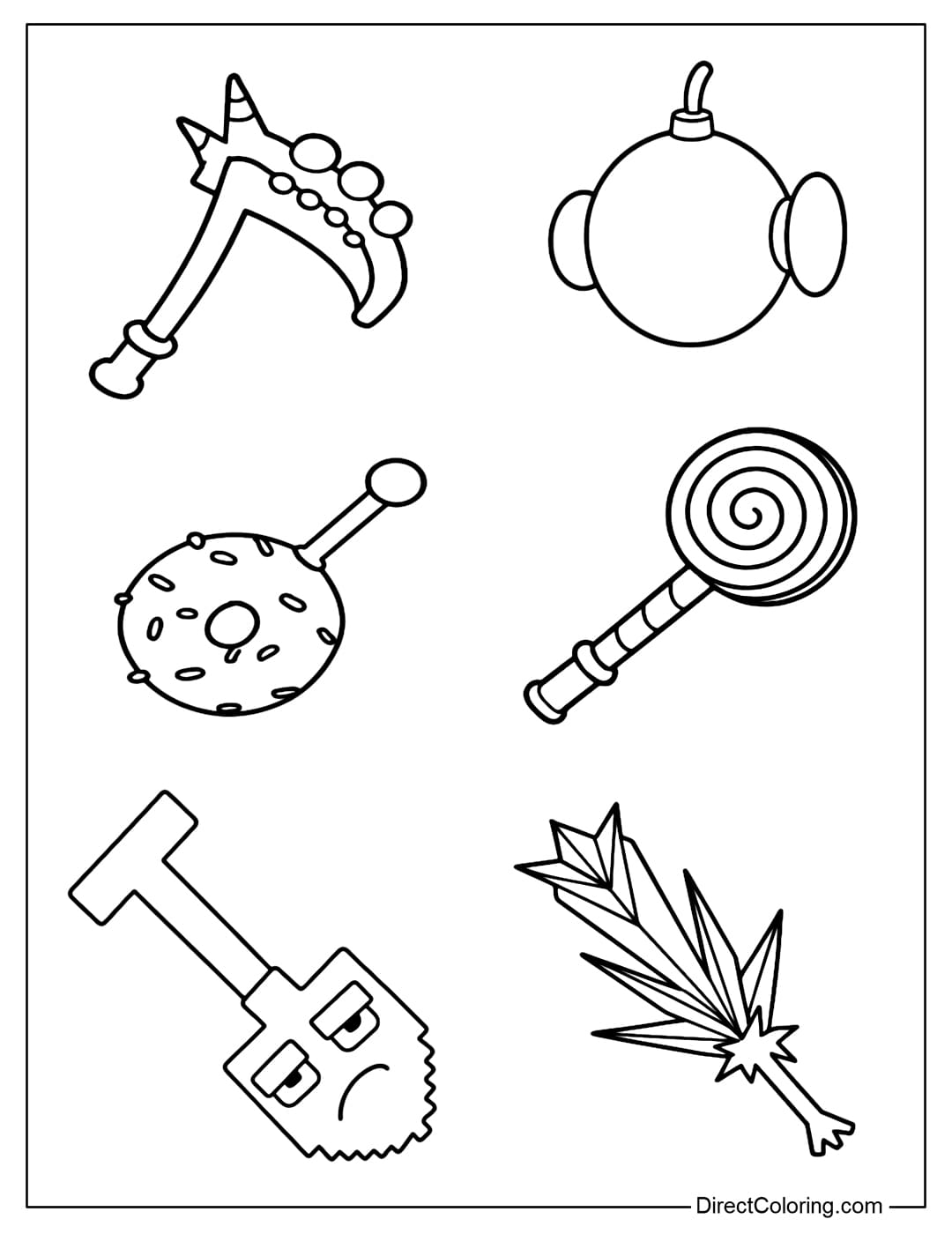Coloring page of Candy bomb, Lolipop, Sweet Scythe, Donut Bomb, Agarrini Shovel, Ice Breaker items in Steal a Brainrot Roblox game.