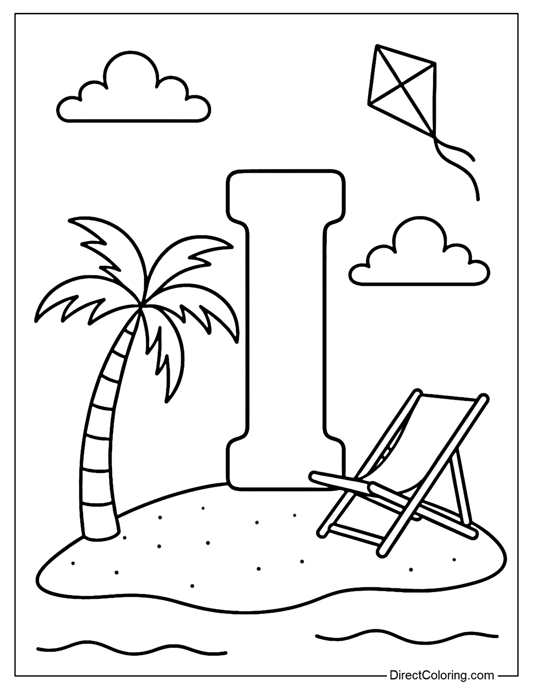 The letter I coloring page stands upright in the middle of a small island with golden sand, a coconut tree leaning over to cast a shadow, and a relaxing lounge chair.