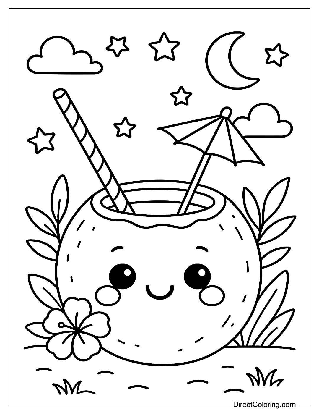 Opened coconut coloring page with straw and cute little umbrella.loring Page