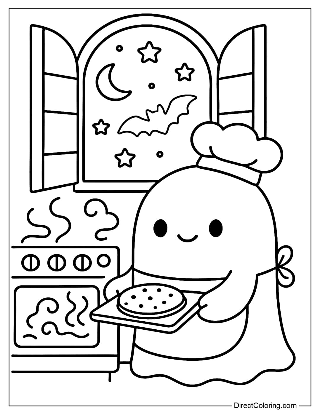 A ghost baking cake coloring page at midnight, the window opens to the starry sky, bats fly by, smoke wafts around the oven.