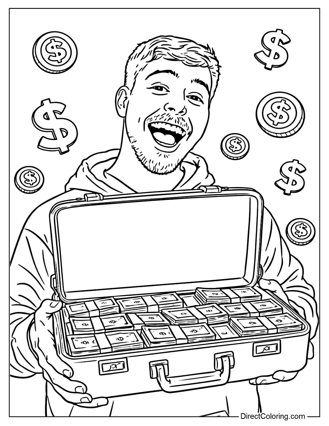 A coloring page of Mr. Beast holding a large, open suitcase full of money in both hands. Inside the suitcase were stacks of money, MrBeast laughed loudly, surrounded by a few coins and dollar signs.