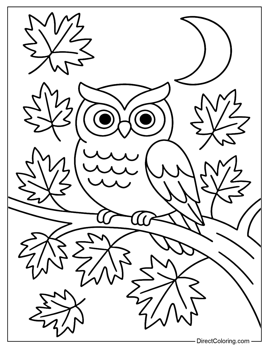 Coloring page of owl perched on maple branch, crescent moon in the distance.