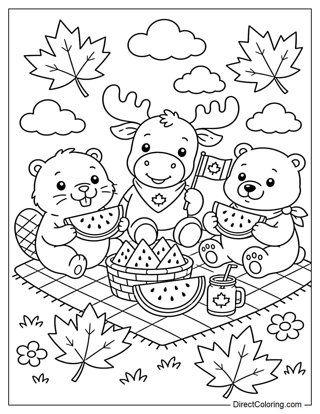 A beaver, an elk, and a polar bear are having a summer picnic together with watermelon and a small Canadian flag. There are some soft clouds and large maple leaves around them.