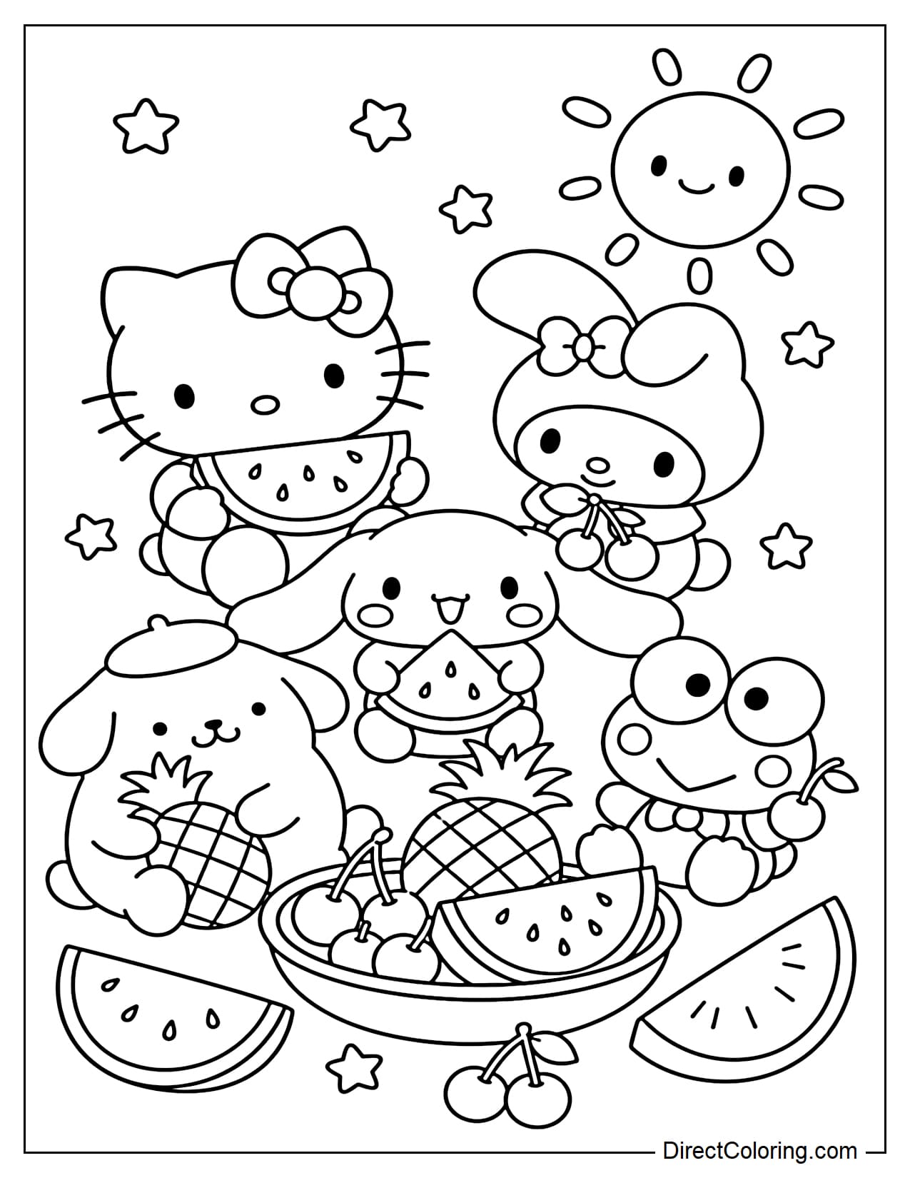 Hello Kitty, My Melody, Cinnamoroll, Pompompurin, and Keroppi are sitting together enjoying summer fruits like watermelon, pineapple, and cherries.