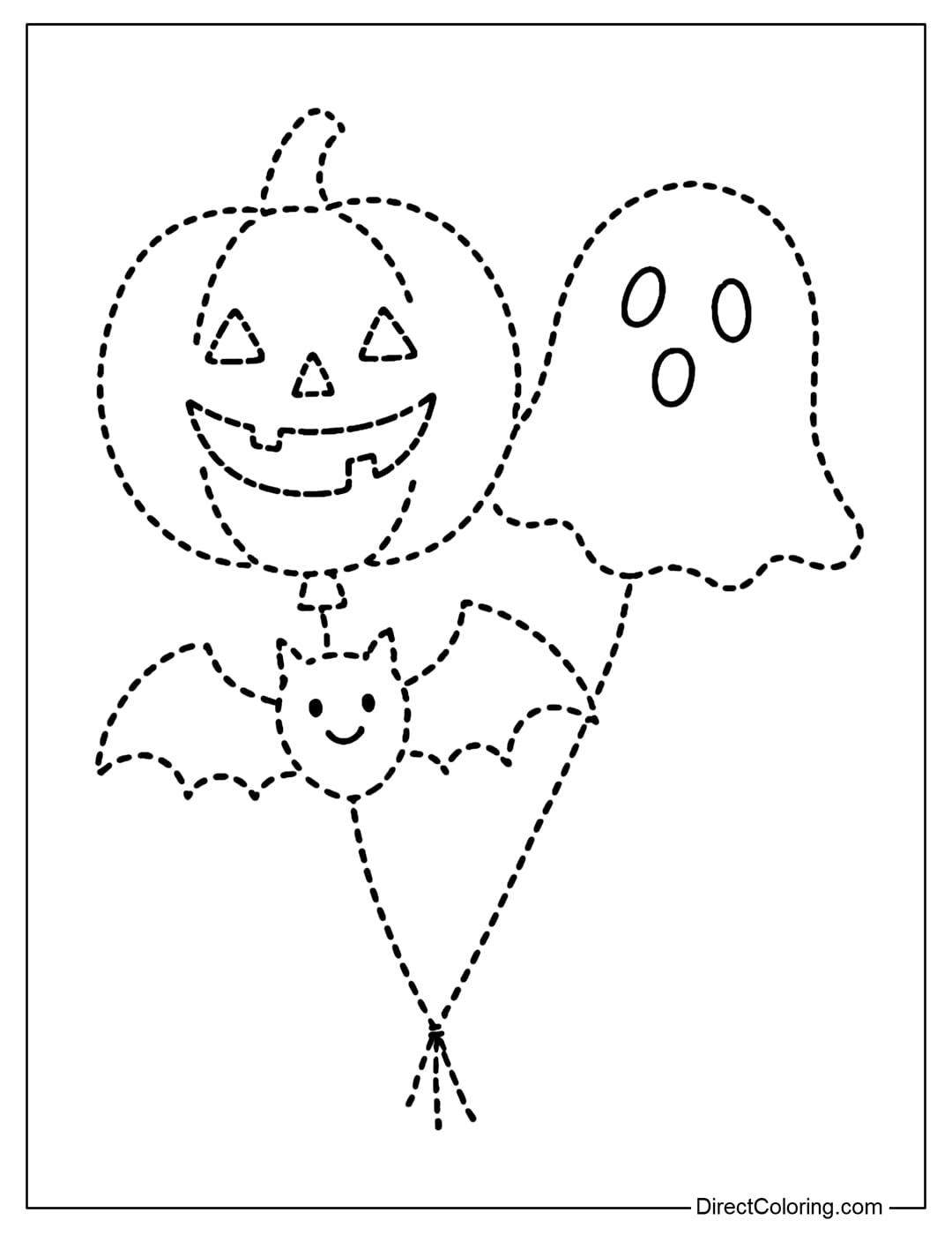 Tracing color page of balloons in the shape of pumpkins, ghosts, bats.