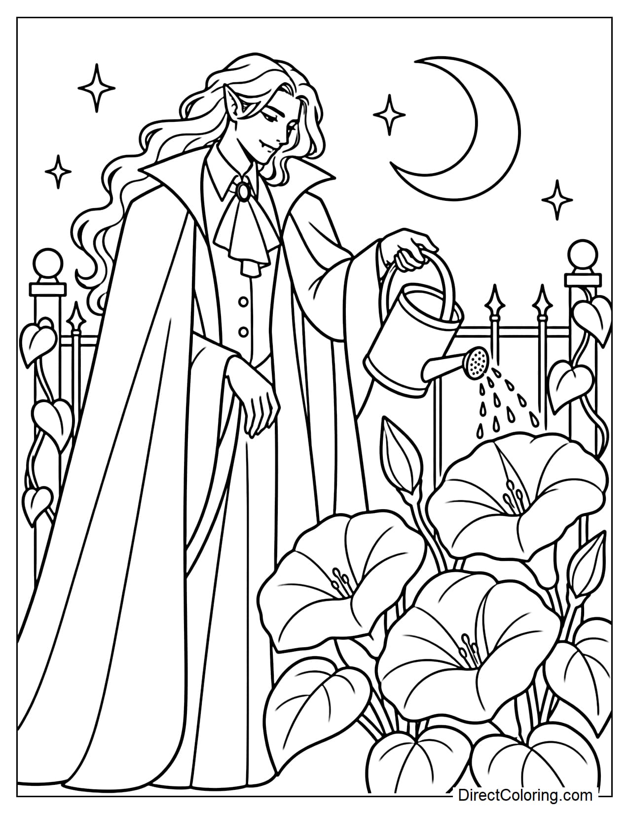 A vampire is standing in a nighttime garden, using a watering can to care for large moonflowers blooming under the moonlight.