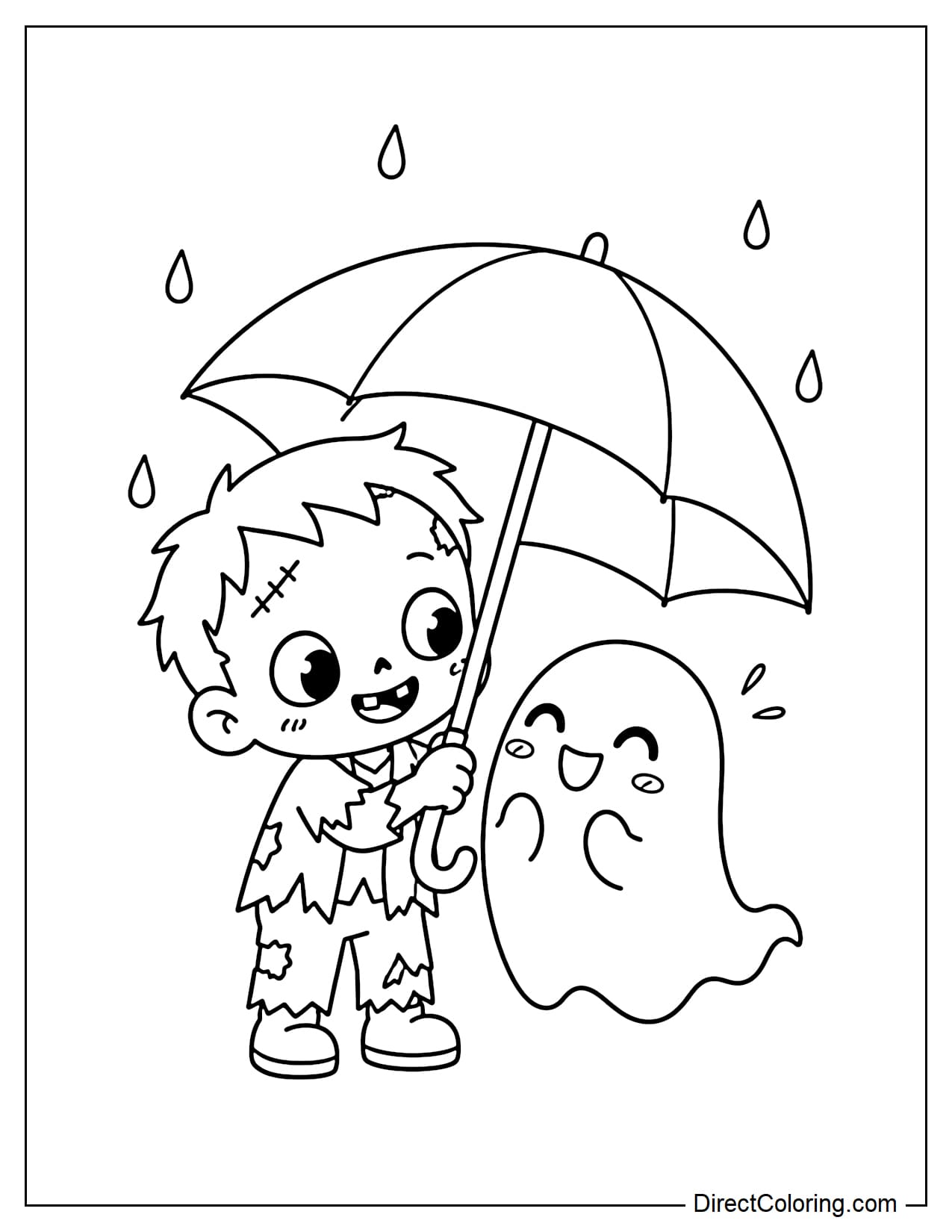 A cute zombie holds a large umbrella in the rain while a cheerful little ghost squeezes underneath to share it.