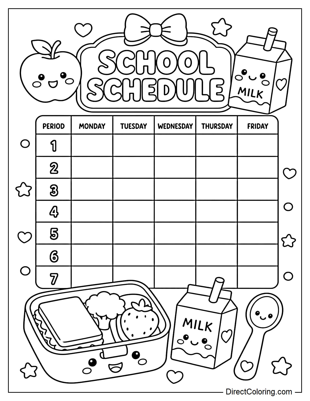 An adorable schedule with a lunchbox, milk carton, apple, and small spoon decorating the school schedule board.